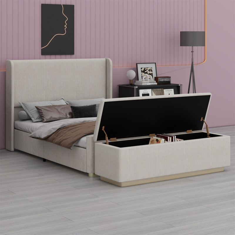 Upholstered Bed Frame With Storage Ottoman, And Vertical Stripe Wingback Headboard And Footboard, Queen, Light Grey