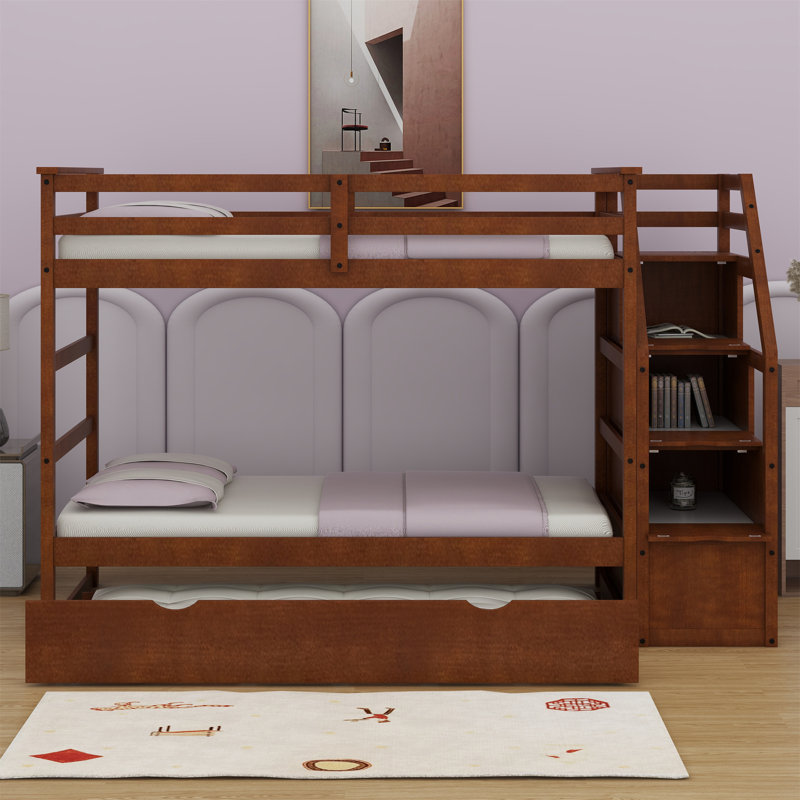 Iftekar Kids Bunk Bed with Trundle, Walnut, Twin Over Twin
