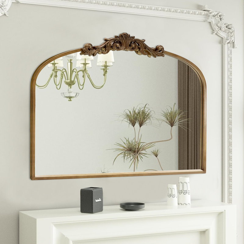 Kherington Vintage Carved Arched Mirror with Metal Frame, Horizontal, 35.82" H x 29.13" W,  Antique Bronze