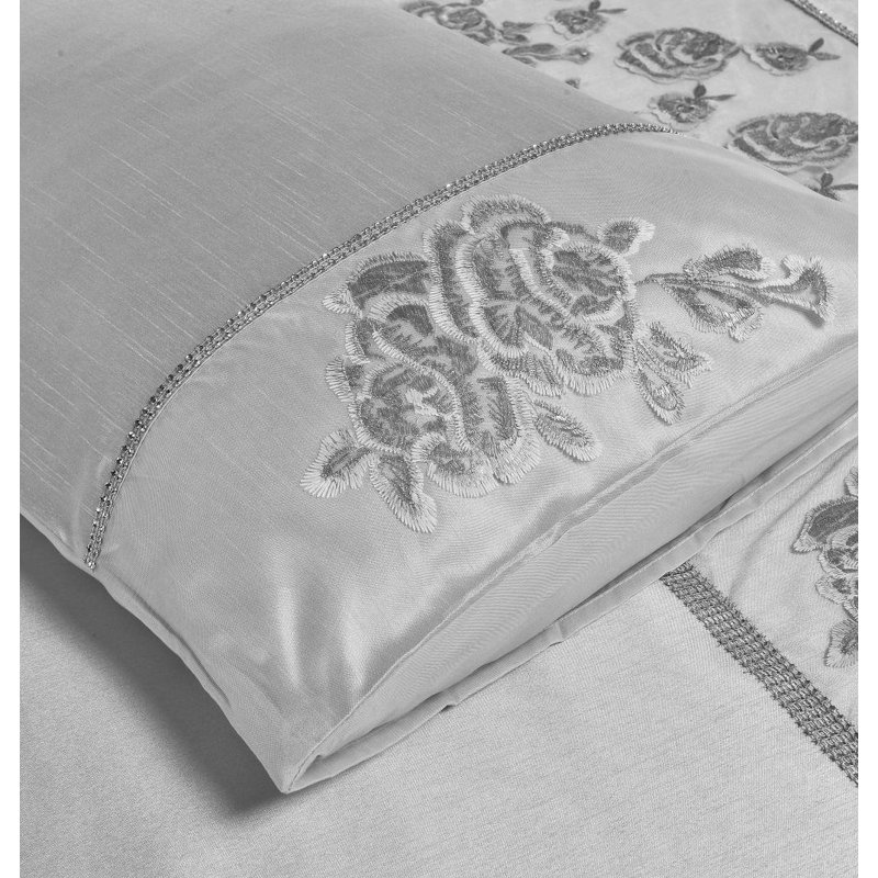 Amara Embroidered Duvet Cover Set With Pillowcases Bedding Set, Silver, King Duvet Cover +2 Standard Pillowcases