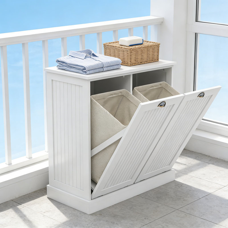 Tilt-Out Laundry Hamper Cabinet With Removable Baskets, Double Hidden Storage Organizer, White Engineered Wood Freestanding Bathroom Or Laundry Room Cabinet