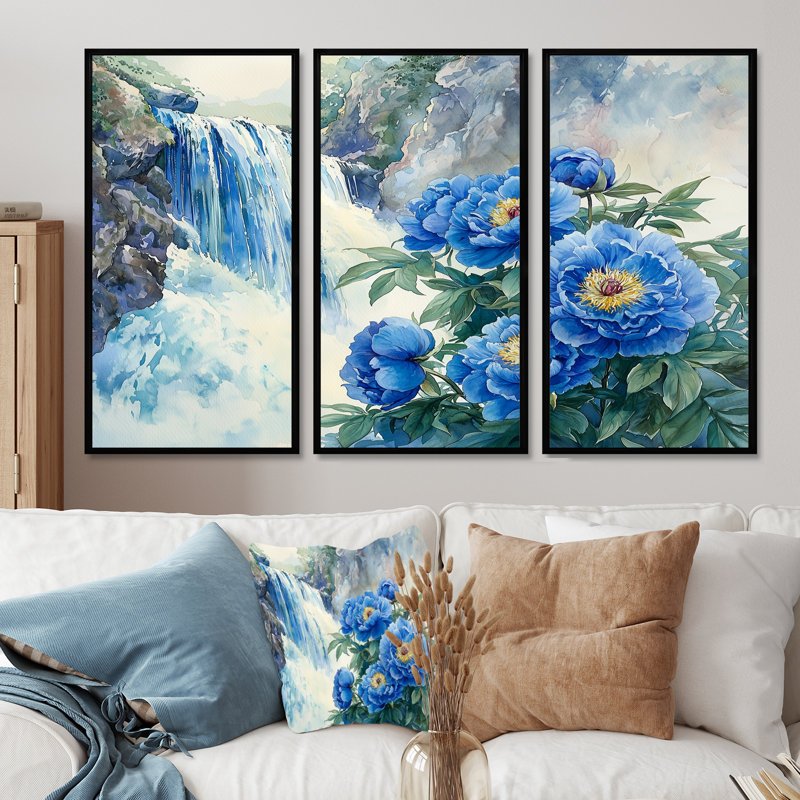 Pivoines par la cascade II - art mural pivoines - 3 panneaux, H 28 po x l 36 po, Noir, Impression encadrée sans passe-partout