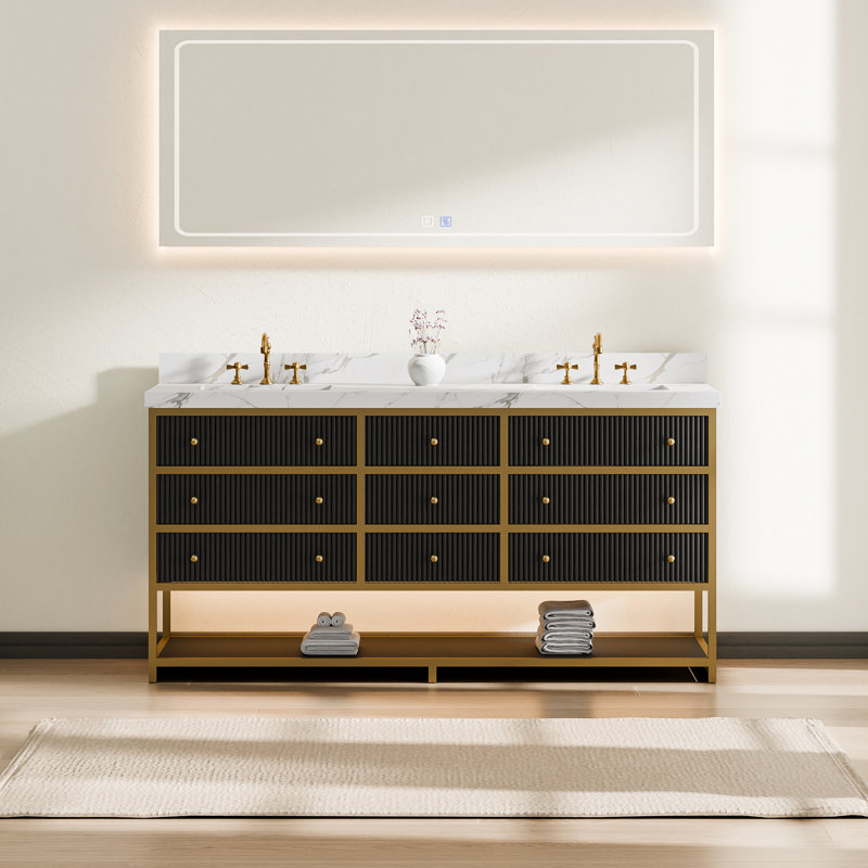 Ensemble de meuble-lavabo double 72 po entièrement assemblé, Noir, noir, noir, noir