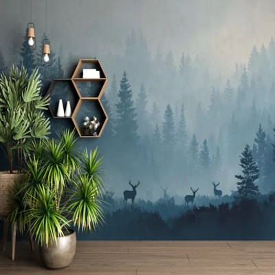Misty Blue Pine Forest With Deer Silhouette Mural