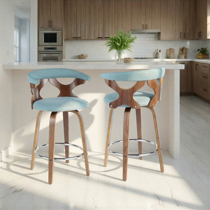 Tabouret de comptoir pivotant 25 po Arabelle, Tissu bleu sarcelle / structure en noyer