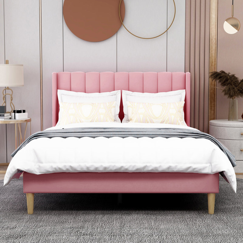 Lit plateforme tapissier avec tête de lit à oreilles Eriksay, Double, Nouveau velours rose