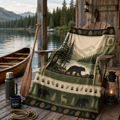 Plaid en flanelle à motif d'ours avec bordure de pommes de pin et de forêt, motif de lac et de montagne, idéal pour canapé, lit, chalet ou chambre d'appoint, 76 x 102 cm