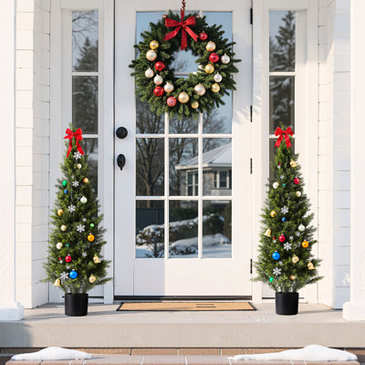 2Pcs Artificial Topiary Cedar Trees, 48 inch Faux Pine Shrubs Plants, Fake Tree Look Real, Easy Assembly for Decor Front Porch Outdoor Patio Garden Balcony Backyard Indoor Office