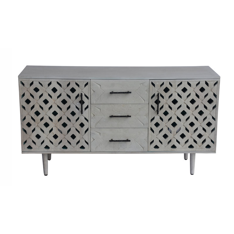 Emma Hand-Carved Lime Washed Mango Wood 3-Drawer Sideboard Cabinet – 60” Solid Wood Storage Chest with Carved Doors 