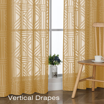 Gold Sheer Kitchen Curtains 36 Inch Length Tier Curtains 2 Panels, Light Filtering Geometric Jacquard Clip Textured Semi Sheer Curtains Short Window Curtains for Bathroom, 42x36 inch