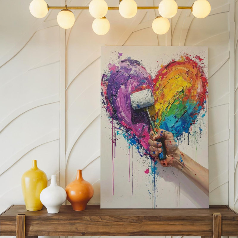 Toile abstraite créative avec cœur multicolore et rouleau de peinture, H 9 po x l 12 po