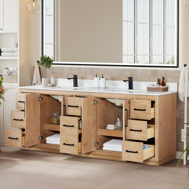 Deach 84" Double Bathroom Vanity with Calacatta White Quartz Countertop without Mirror