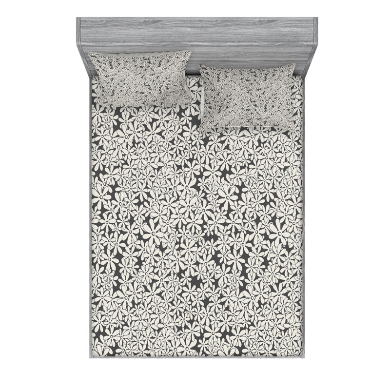 Microfiber Floral Sheet Set, Queen Sheet Set with Fitted Sheet, Gray Floral