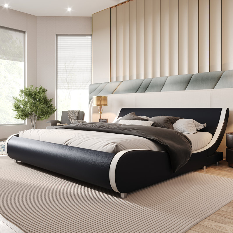 Low Profile Sleigh Bed With Adjustable Headboard, King, Black/White