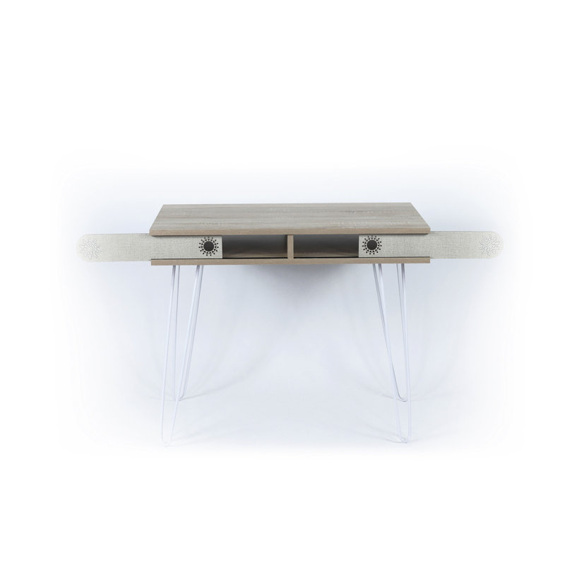 Bureau moderne à 2 niveaux avec pieds en métal en chêne d'aspect chêne naturel, avant-gardiste