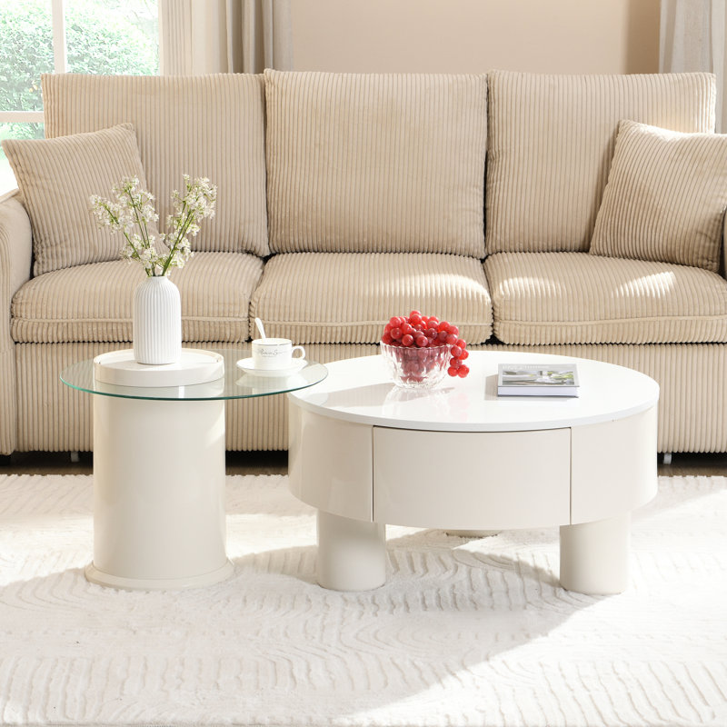 Table basse gigogne ronde en plastique blanc, tables de salon avec tiroir de rangement, peu encombrante et utile, caractéristiques de conception uniques, production, pièces décoratives multifonctionnelles, facile