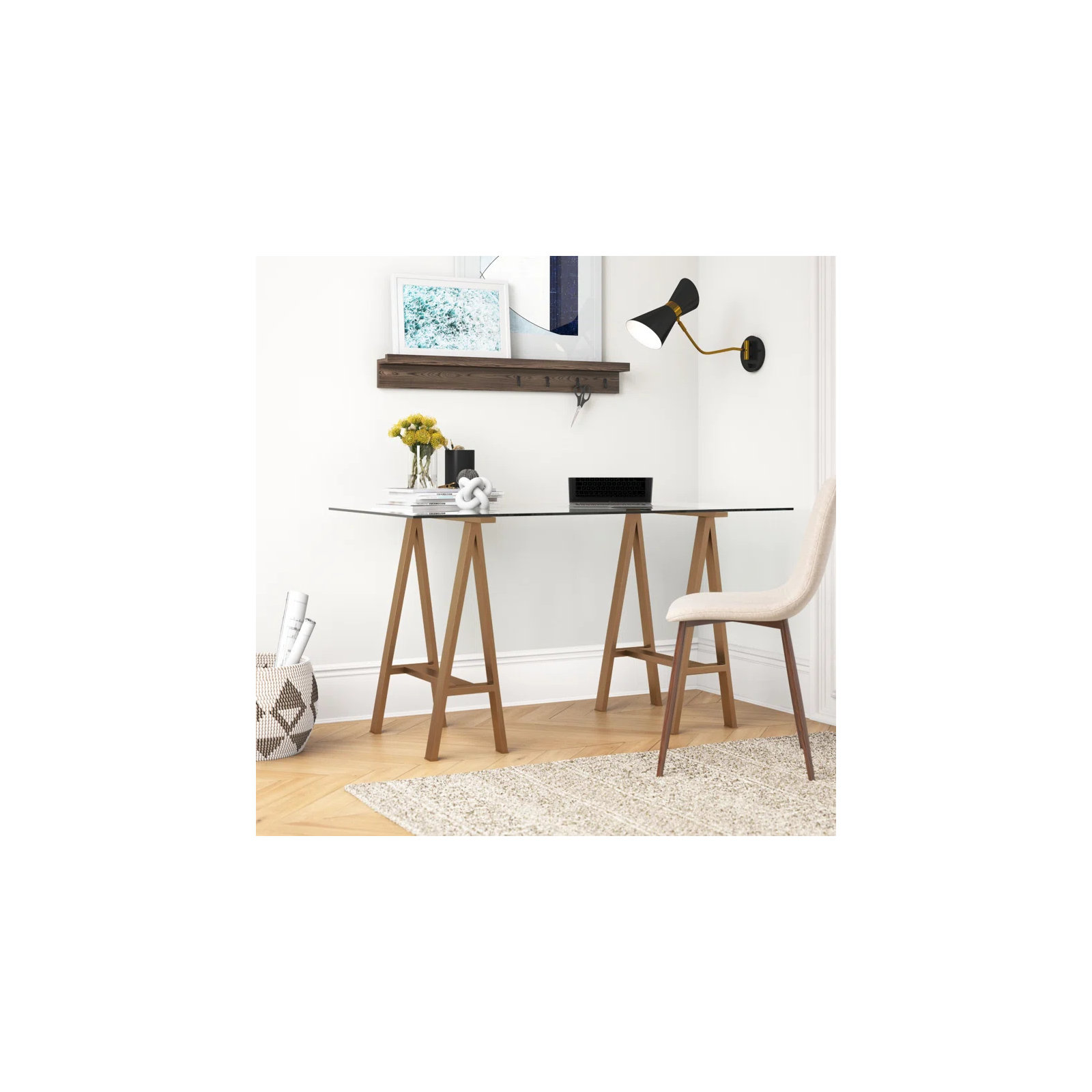Tigerlily Glass Desk, 30" H x 71" W x 36" D, Brushed Brass