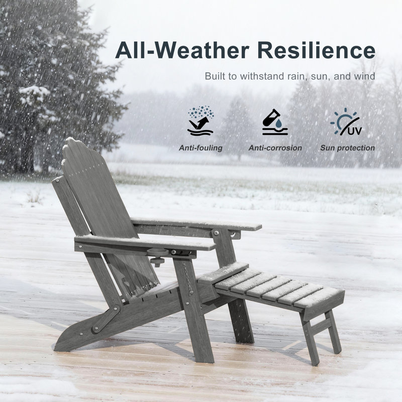 HDPE Foldable Outdoor Adirondack Chair 3-Postion Adjustable with Retractable Ottoman & All-Weather Outdoor Chair for Garden, Lawn & Porch