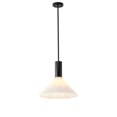 1-Light Matte Black Pendant with White Ribbed Glass Cone Shade, Adjustable Rod, ETL Listed
