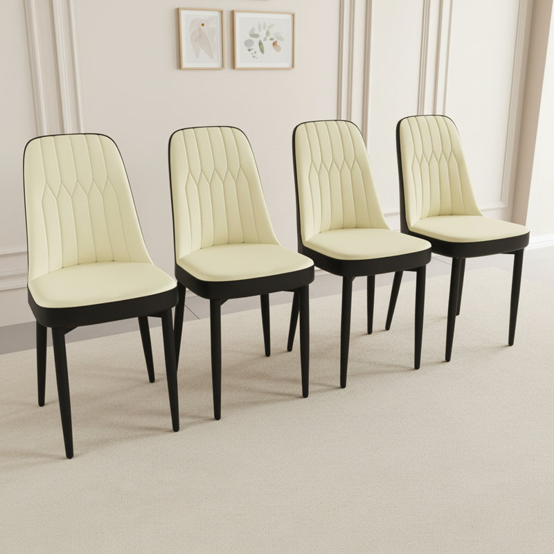 Set Of 4 Modern Pu Leather Dining Chairs With Black Metal Legs And Upholstery, Cream/Black