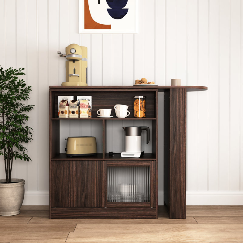 Armoire de bar moderne en noyer avec 6 boîtes de rangement et une étagère à condiments rotatifs, noyer, espaces 2 portes en verre