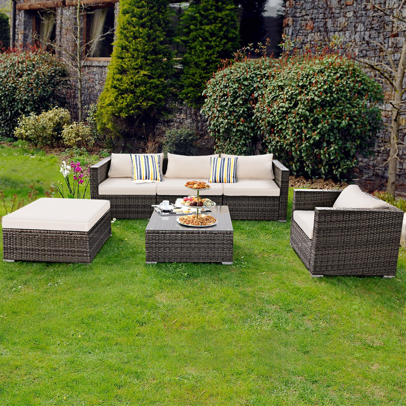 Ensemble de conversation modulaire en rotin 6 pièces avec coussins Biarritz, blanc