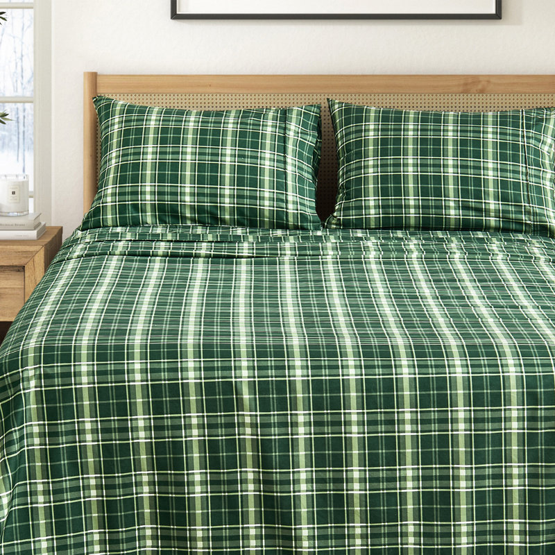 Soft Printed Microfiber Sheet Set, Queen Sheet Set with 2 Pillowcases, Forest Green Plaid
