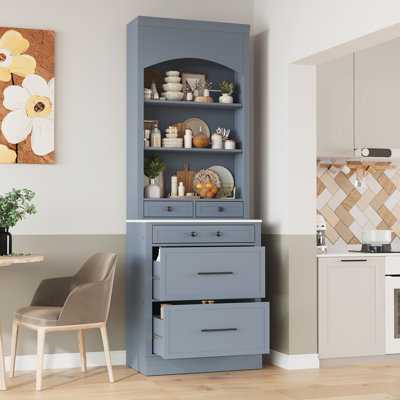 Garde-manger moderne de 83,7 pouces de hauteur, grande huche de cuisine autoportante avec plateau en faux marbre, armoire de présentation avec 5 tiroirs de rangement et tablette réglable, gris