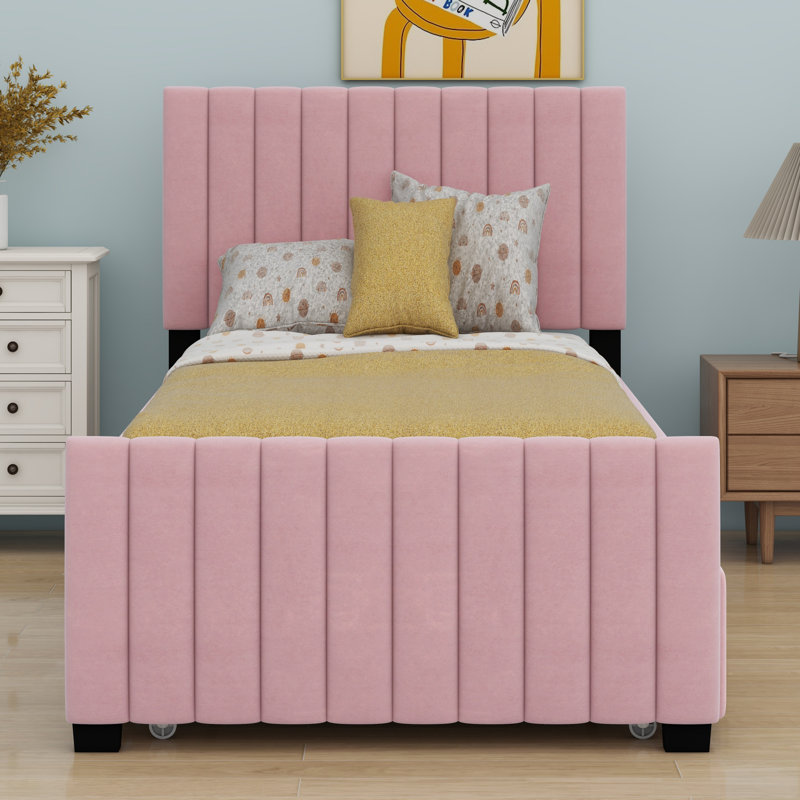 Lit plateforme tapissier avec lit gigogne, Rose