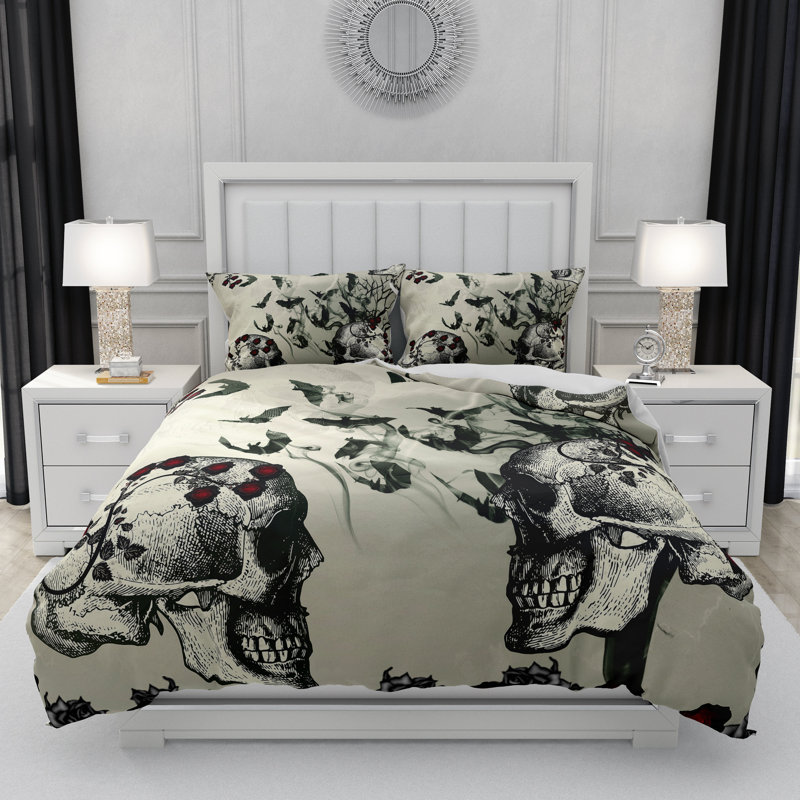  Ensemble de housse de couette Gothic Skulls and Bats, Housse de couette simple et 2 taies décoratives