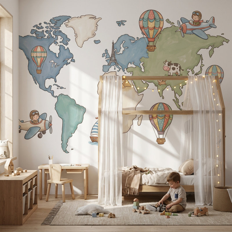 Papier peint carte du monde amovible montgolfière, Non tissé non collé, 120" x 96"