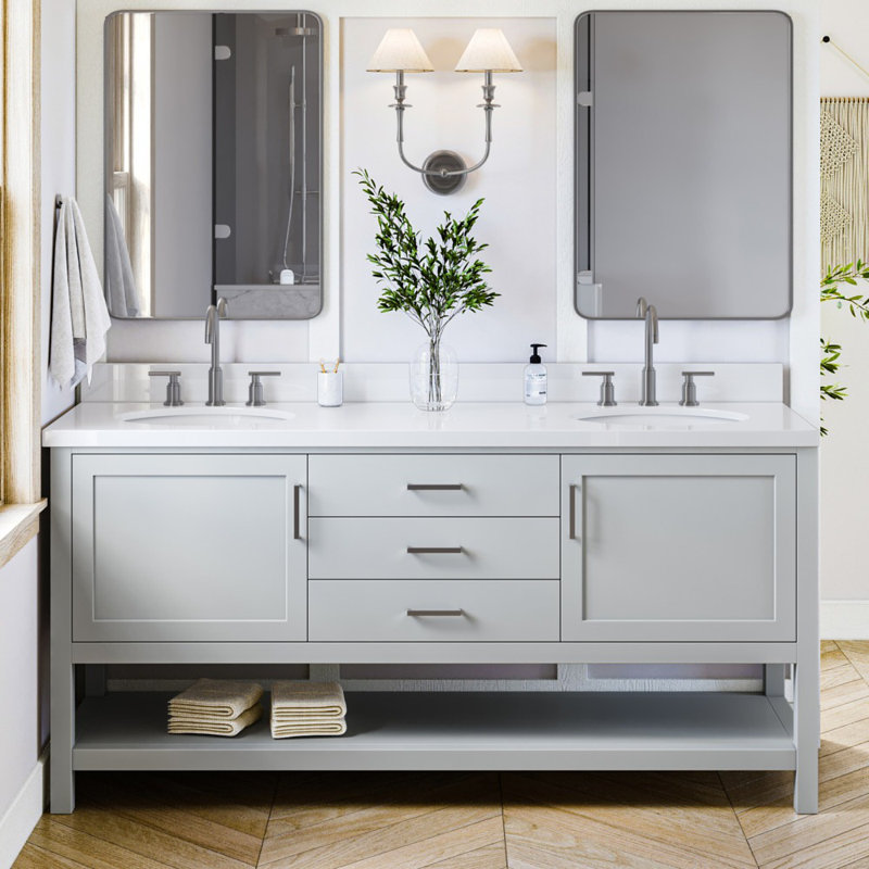 Ensemble de meuble-lavabo double 73 po Abby, Gris, Quartz blanc, Ovale