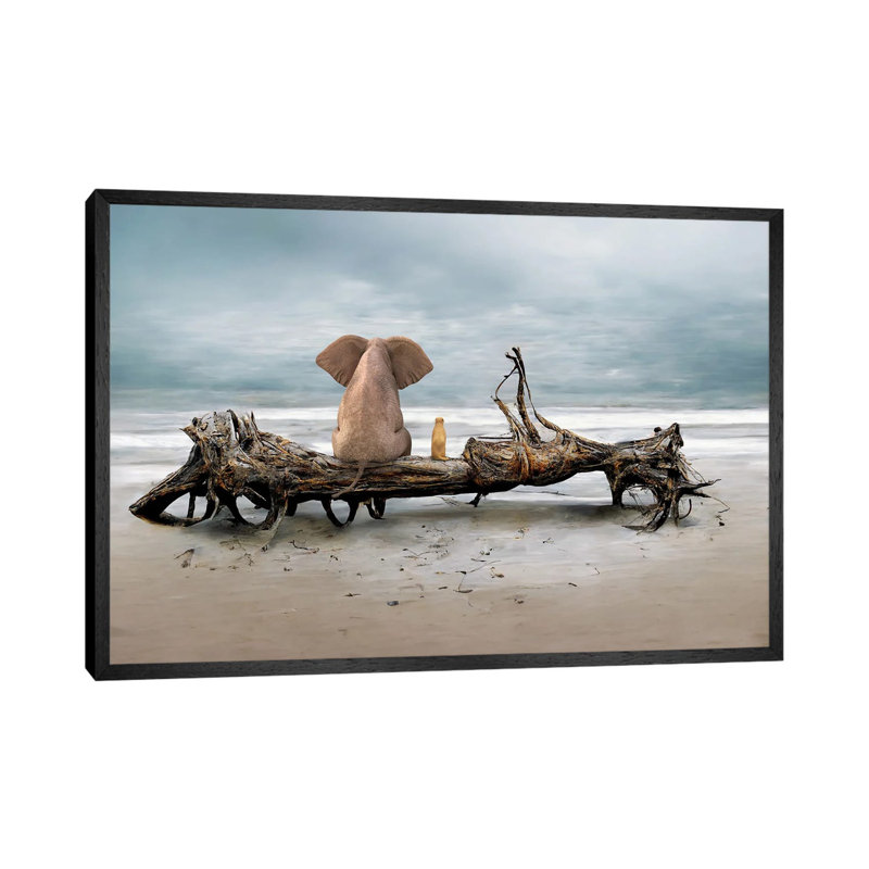 Elephant And A Dog Are Sitting On Driftwood by Mike Kiev - Floater Frame Gallery-Wrapped Canvas Giclée on Canvas, Black