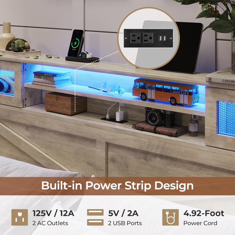 Farmhouse Bed Frame Queen With Bookshelf Headboard And 2 Drawers, Platform Queen Bed With Led Lights And Charging Station, Grey