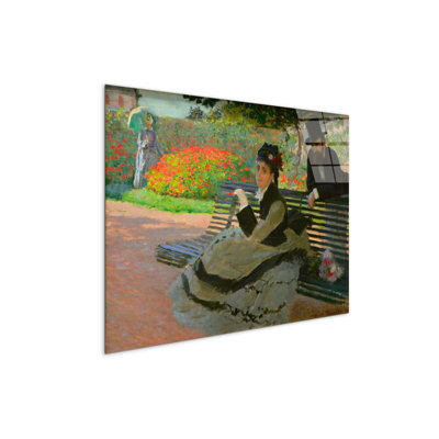 Camille Monet on a garden bench by Monet Claude 57cm H X 76cm W CrystalArt Material Acrylic Glass Effect, Frameless Panel Lightweight Ready to Hang