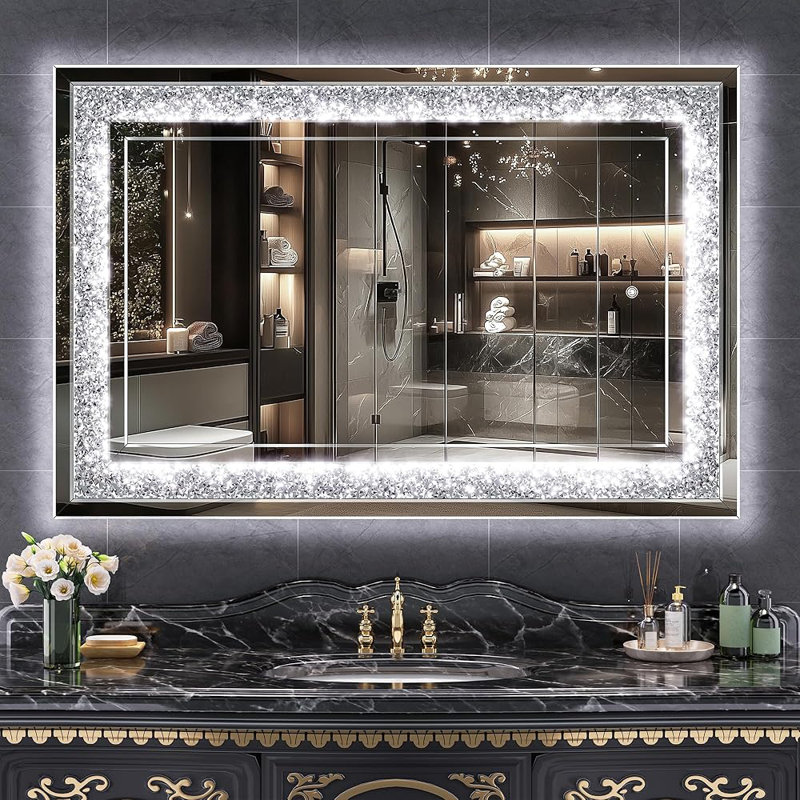 LED Diamond Wall Mirror with Dimmable Lights & 3 Color Modes, Crystal Diamond Vanity Mirror for Bathroom, Living Room, Bedroom