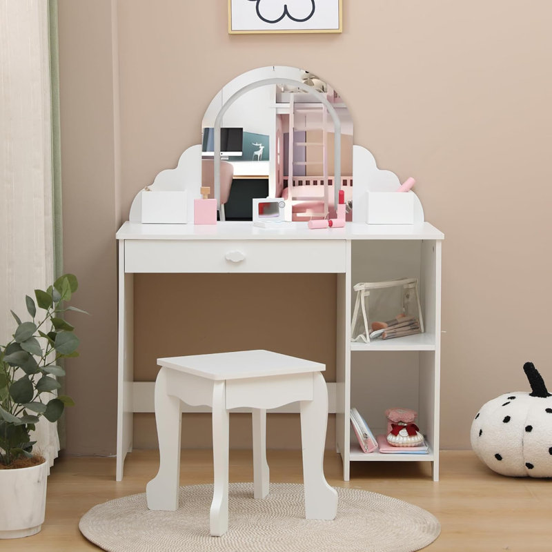 Kids Vanity Set with Lighted Mirror and Stool, Adjustable LED Lights, White