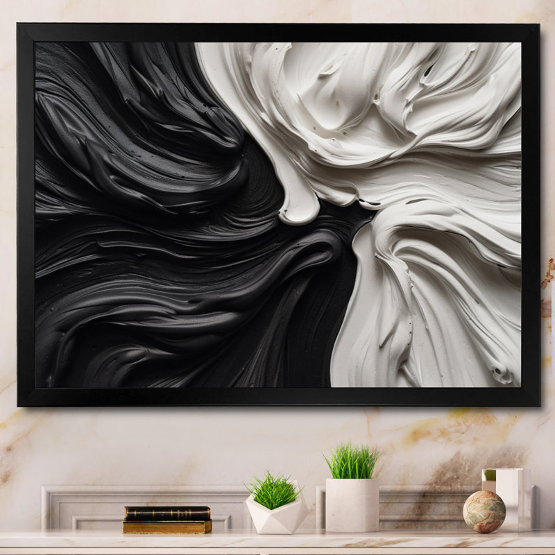 Noir et blanc marbré Dreamscape IV - art mural abstrait géométrique, Cadre photo unique, H 16 po x l 32 po, Noir