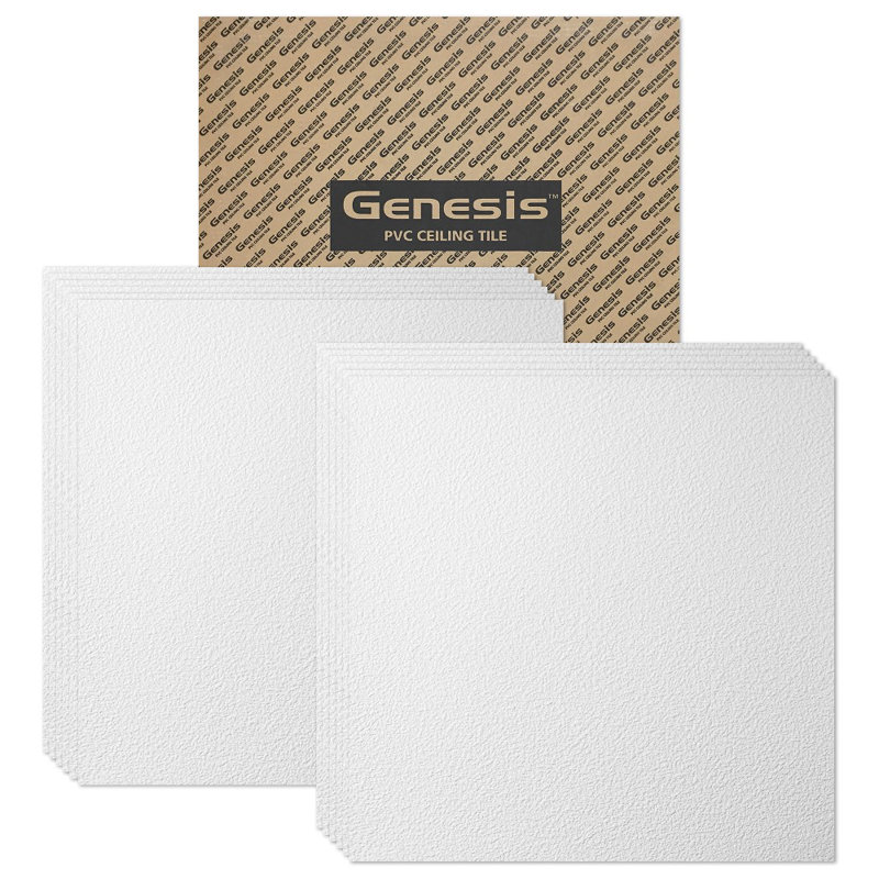 Genesis 2ft x 2ft Stucco Pro White Ceiling Tiles - Easy Drop-in Installation – Waterproof, Washable and Fire-Rated - High-Grade PVC to Prevent Breakage - Package of 12 Tiles