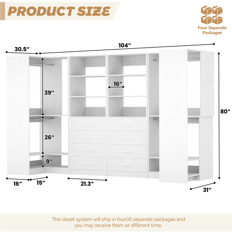 Closet System With Drawers, Shelves,Hanging Rods, White