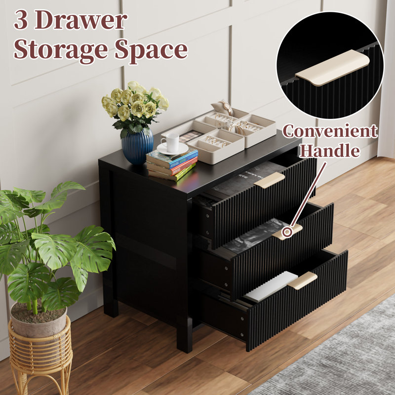 Modern Fluted Bedside Table with 3 Drawers, Black, Set of 2