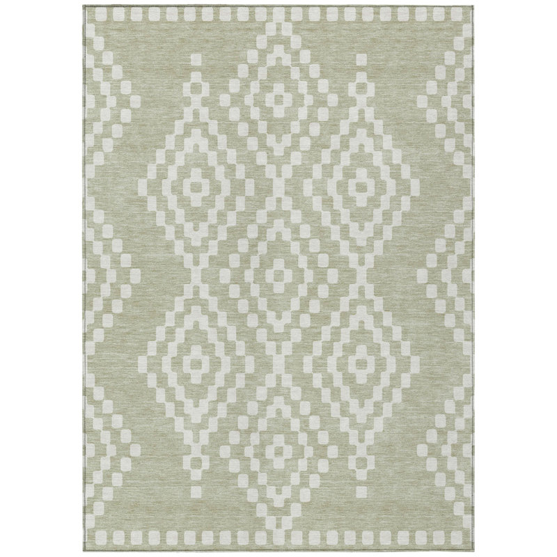 Tapis intérieur / extérieur géométrique lavable 5 pi x 8 pi vert et ivoire