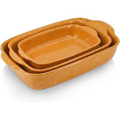 Ceramic Baking Dish Set of 3 (13.8''/12''/9.6''Orange) | Oven-Safe Stackable Deep Rectangular Lasagna Pan with Handles, Up to 450°F, for Roasting & Baking, Handcrafted Speckle Series