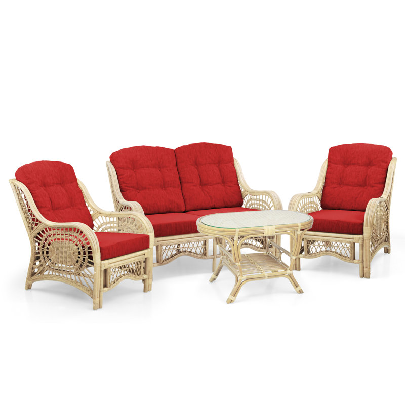 Natural Rattan Wicker Lounge Set with Red Cushions and Glass Coffee Table