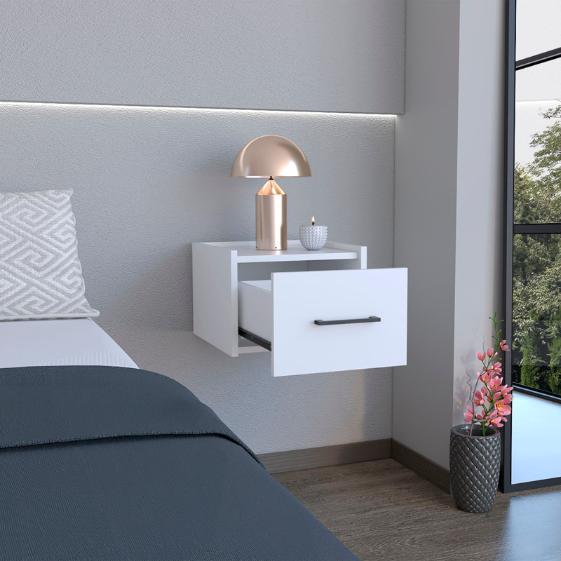 Breeland Floating Nightstand, Space-Saving Design with Handy Drawer and Surface, White