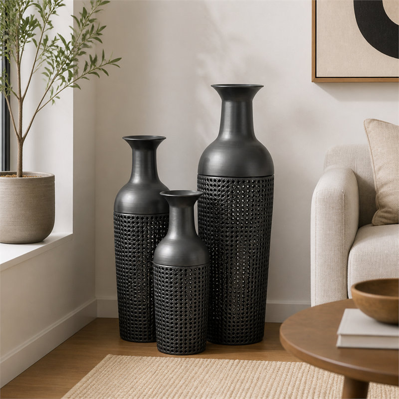Ensemble de 3 vases de sol en métal avec motif de feuilles, noir et gris