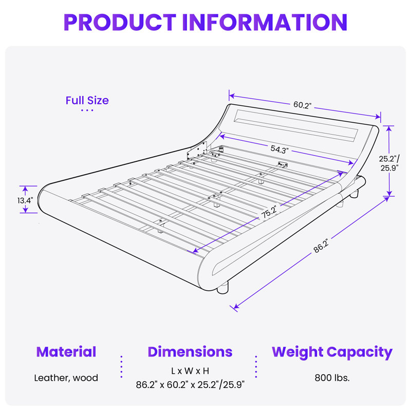 LED Platform Bed Frame With Adjustable Headboard, Black, Full