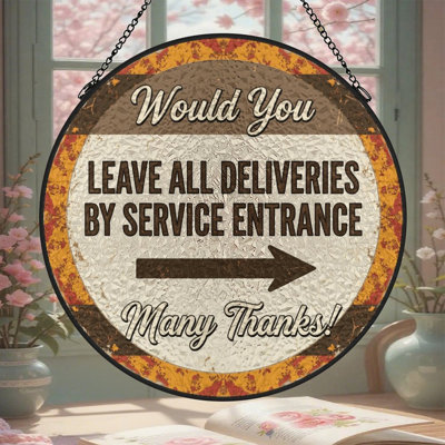 Vintage Delivery Instruction Round Sign Stained Glass Panels Suncatcher for Window Decor