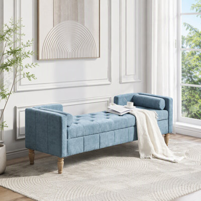 Banc de rangement en chenille 64,6 po avec accoudoirs et dossier capitonnés, accoudoirs et dossier, pieds en bois d'hévéa blanchi