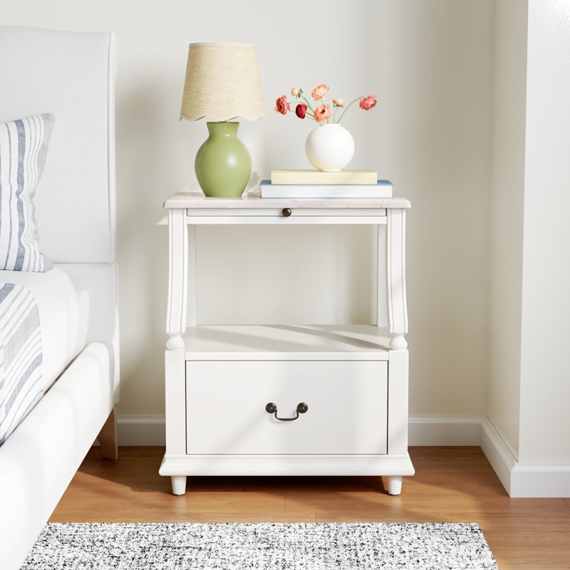 Aberdale 24 in. W 1 - Drawer Marble Top Nightstand, White, White